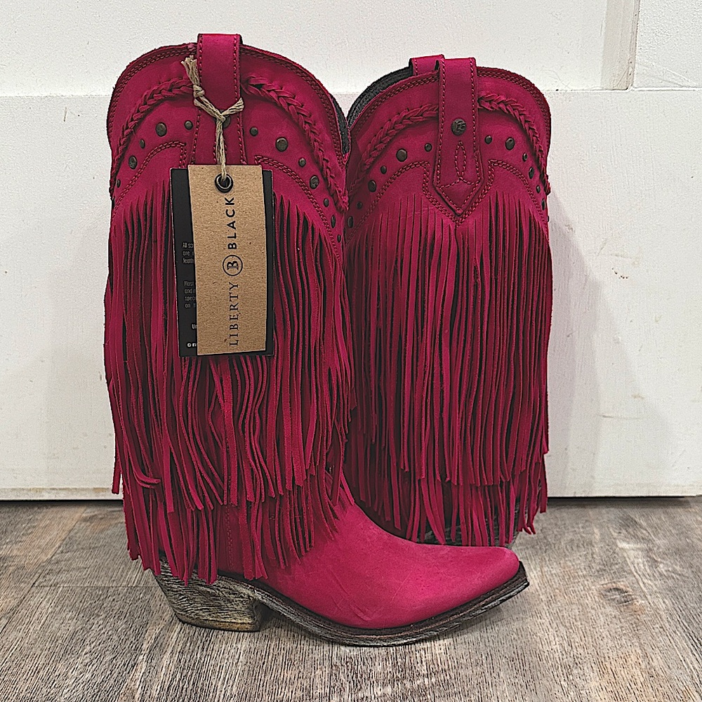 LIBERTY Black Women's Fuchsia Fringe Heeled Boots 8.5
